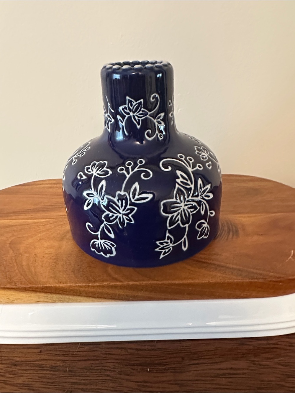 Temptations Deep Blue Ceramic Vase with White Floral Motif